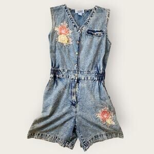 Pretty Bleu Denim Jumpsuit VTG Womens Sz M Acid Wash Embroidered Floral Pockets